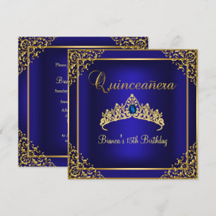 Convite de Quinceanera Tiara de Joia Dourada e Azu