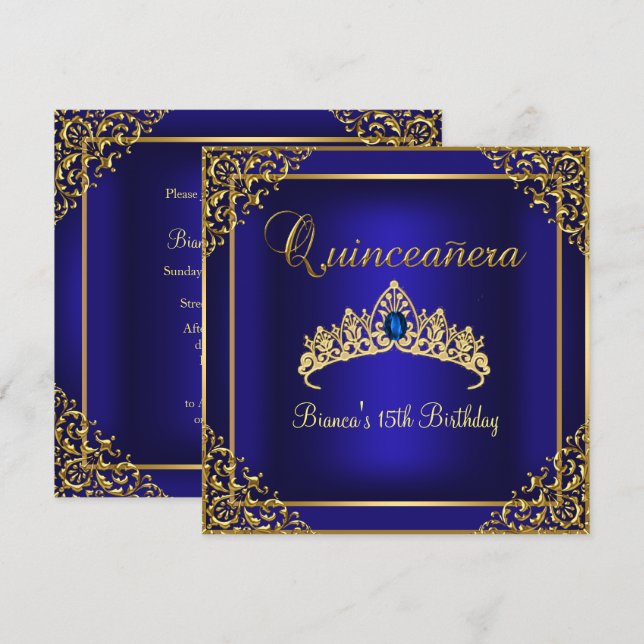 Convite de Quinceanera Tiara de Joia Dourada e Azu (Frente/Verso)