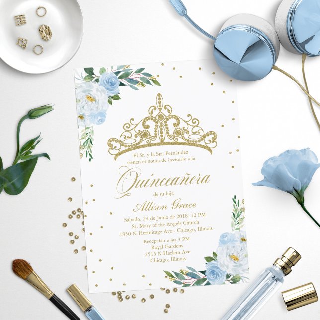 Convite de Quinceanera Tiara Dourada Espanhola Azu (Criador carregado)