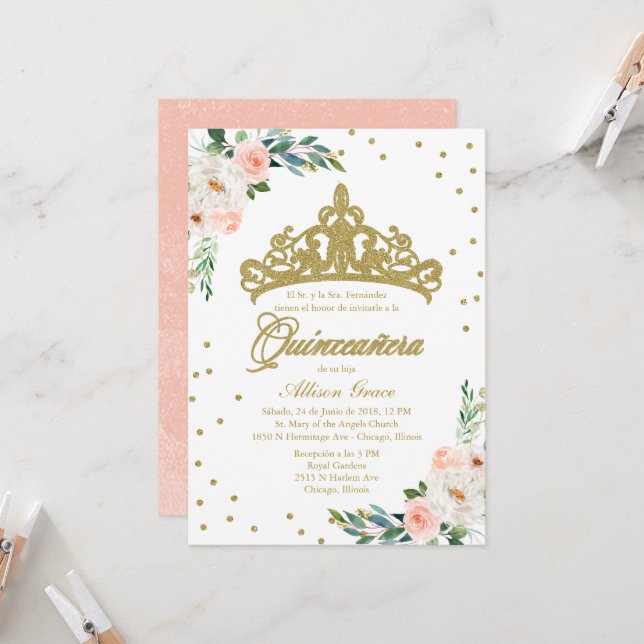 Convite de Quinceanera Tiara Dourada Espanhola Blu (Frente/Verso In Situ)