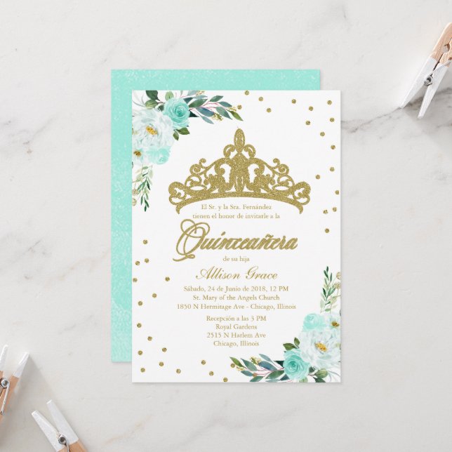 Convite de Quinceanera Tiara Dourada Espanhola Ver (Frente/Verso In Situ)