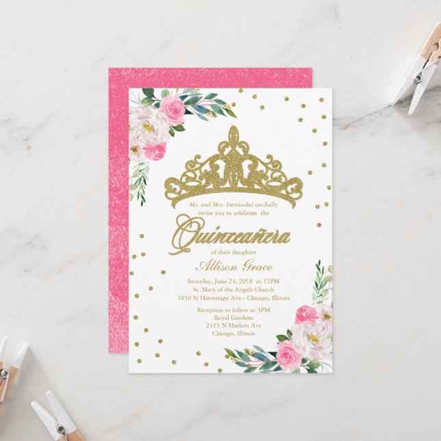 Convite de Quinceanera Tiara Dourada Flores Rosa V (Frente/Verso In Situ)