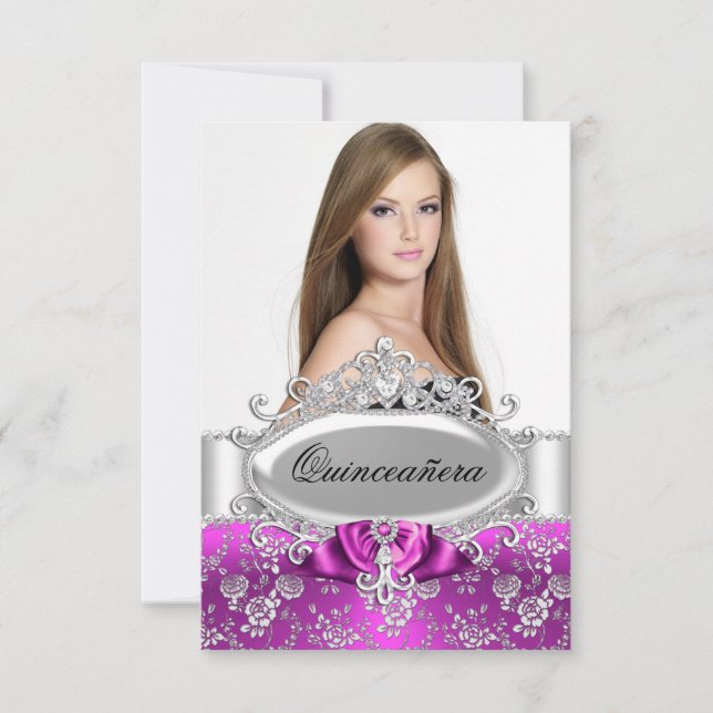 Convite de Quinceanera Tiara Rosa & Flor de Rosa (Frente)