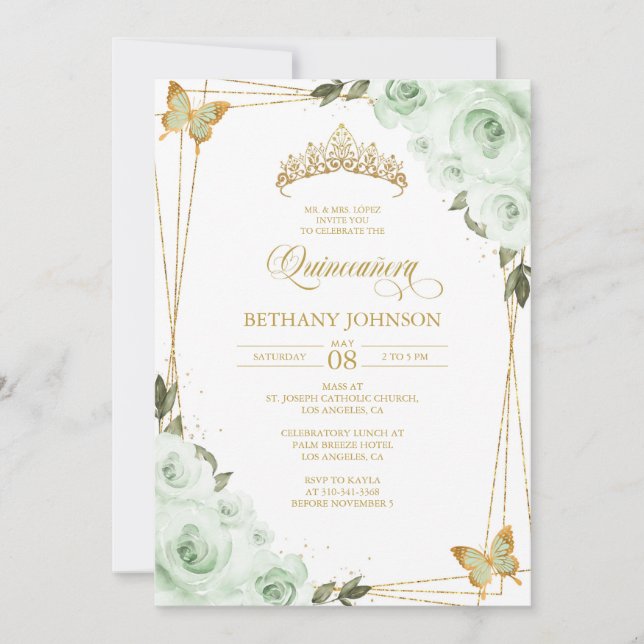 Convite de Quinceañera Verde e Dourado (Frente)