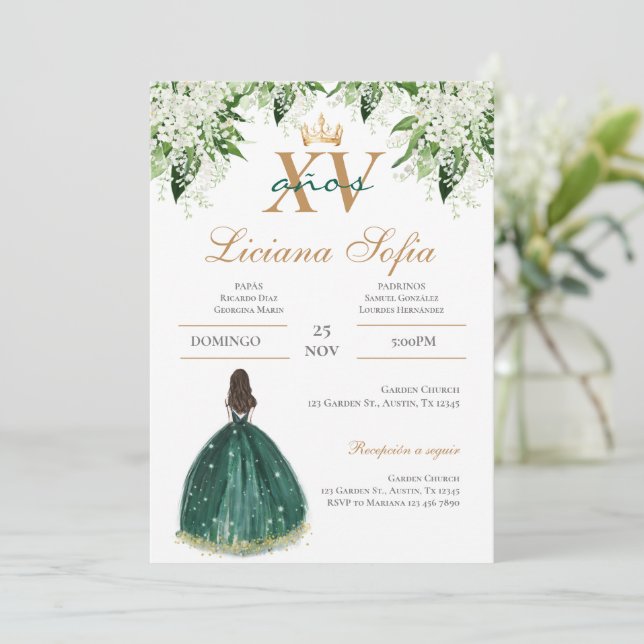 Convite de Quinceanera Verde Esmeralda (Em pé/Frente)