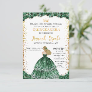 Convite de Quinceañera Verde Esmeralda com Dourado