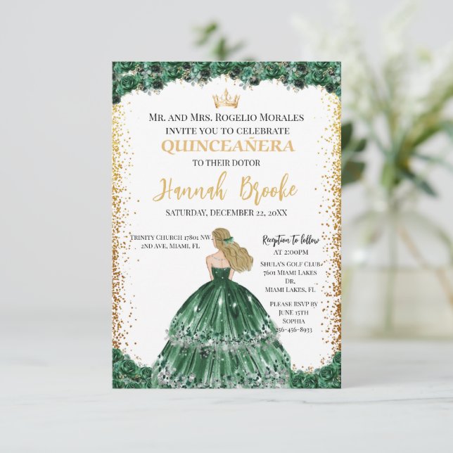 Convite de Quinceañera Verde Esmeralda com Dourado (Em pé/Frente)