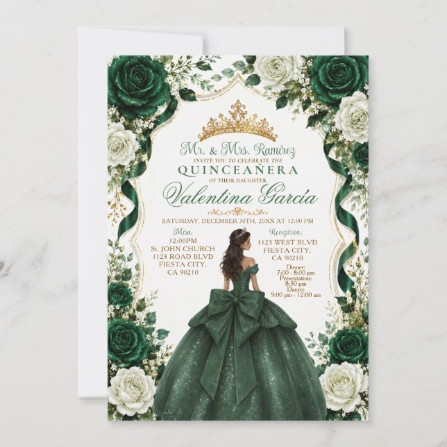 Convite de Quinceañera Verde Esmeralda com Princes (Frente)