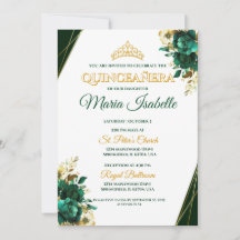 Convite de Quinceañera Verde Esmeralda e Dourado