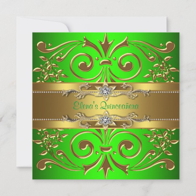 Convite de Quinceanera Verde Lima e Dourado Elegan (Frente)