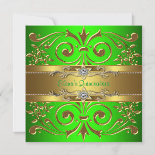 Convite de Quinceanera Verde Lima e Dourado Elegan