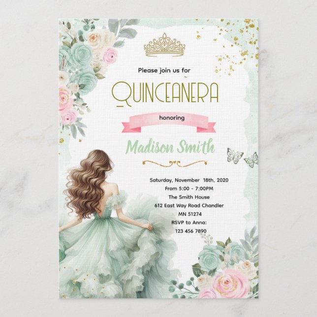 Convite de Quinceañera Verde Sage e Rosa Bege (Frente)