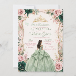 Convite de Quinceañera Verde Salvia e Rosa Bege