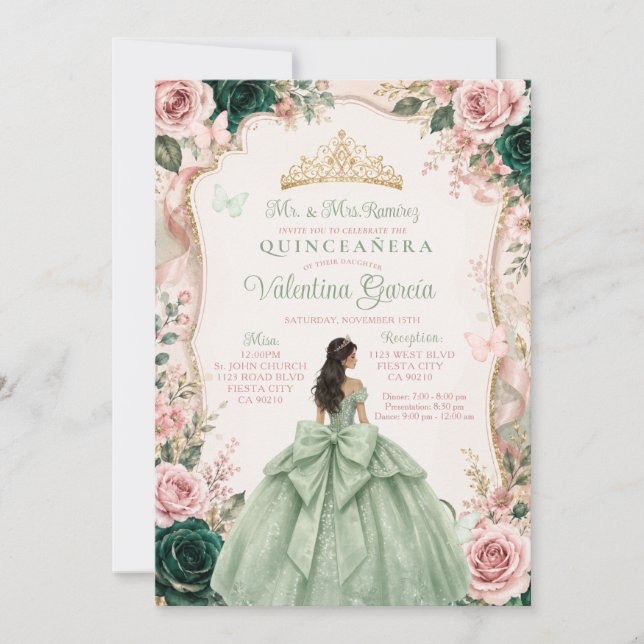 Convite de Quinceañera Verde Salvia e Rosa Bege (Frente)