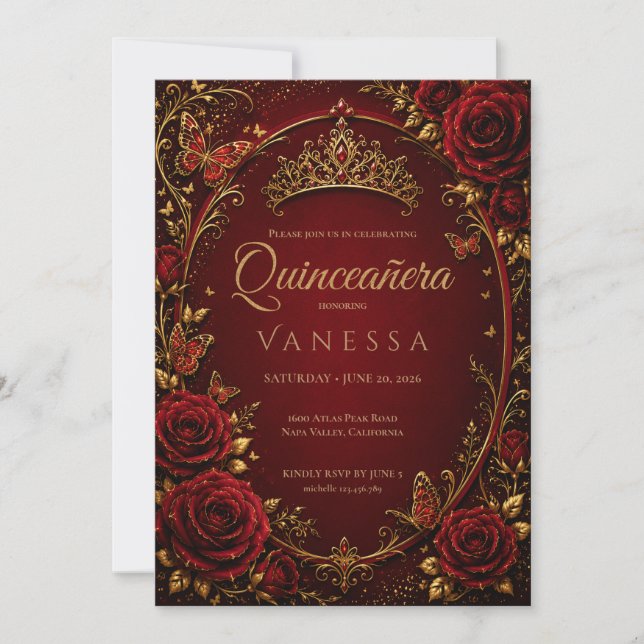 Convite de Quinceanera Vermelho e Dourado (Frente)