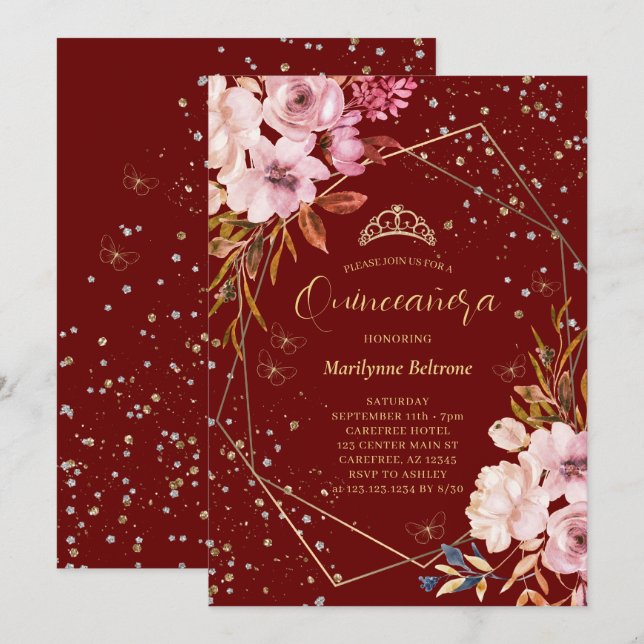 Convite de Quinceañera Vermelho Escuro Moderno (Frente/Verso)