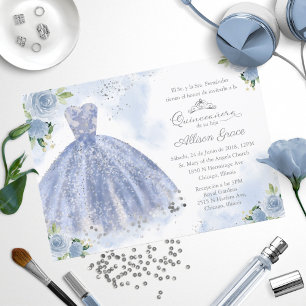Convite de Quinceanera Vestido Azul Prata Espanhol