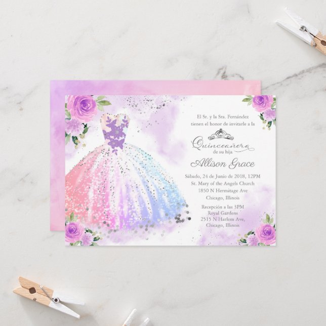 Convite de Quinceanera Vestido Cor Pastel Espanhol (Frente/Verso In Situ)