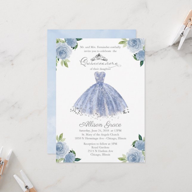 Convite de Quinceanera Vestido Floral Azul Prata (Frente/Verso In Situ)