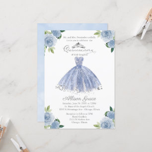 Convite de Quinceanera Vestido Floral Azul Prata