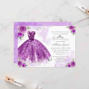 Convite de Quinceanera Vestido Floral Roxo Prata