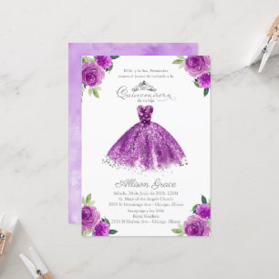 Convite de Quinceanera Vestido Roxo Floral Espanho
