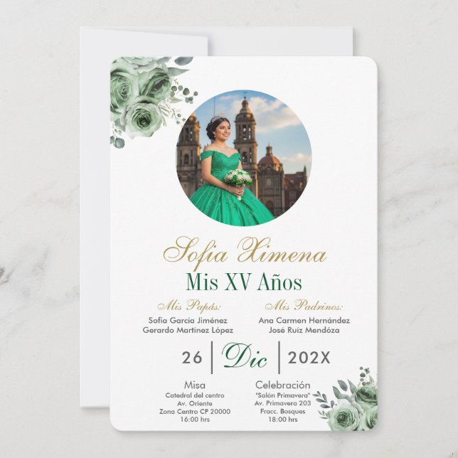 Convite de Quinceañera vestido verde elegante (Frente)