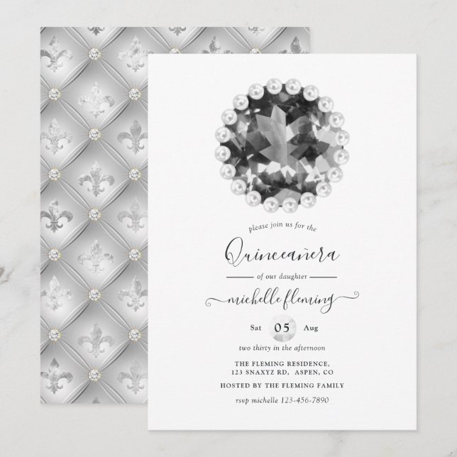 Convite de Quinceañera Vintage Preto e Branco (Frente/Verso)