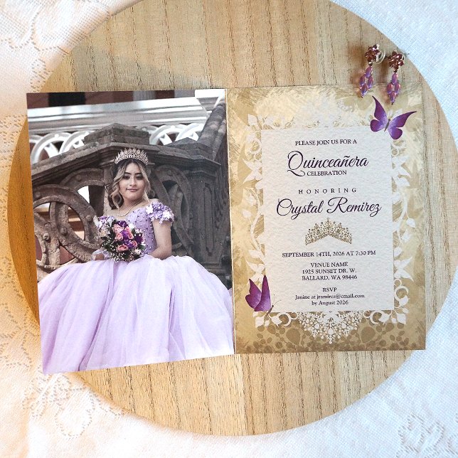 Convite de Quinceanera Vintage Roxo Lavanda (vintage lavender, purple, beige butterfly quinceanera photo invitation)
