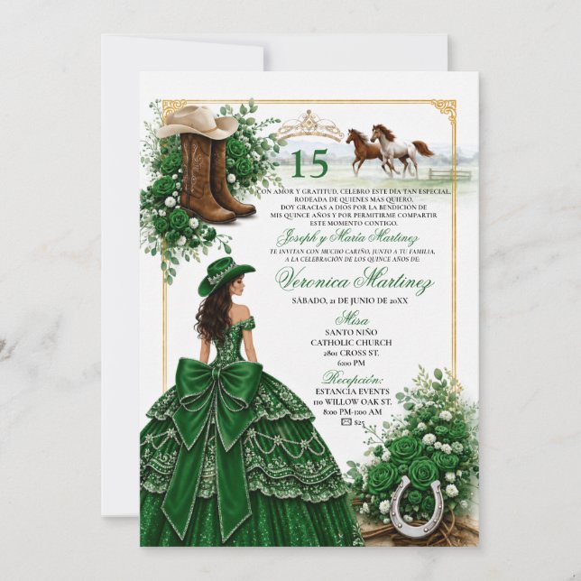 Convite de Quinceañera Western Verde Esmeralda Vaq (Frente)
