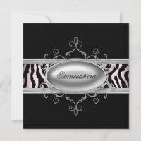 Convite de Quinceanera Zebra Preto Rosa