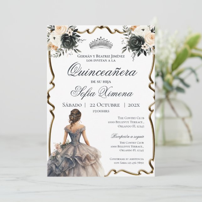 Convite de Quincenera Com Floral Preto (Em pé/Frente)
