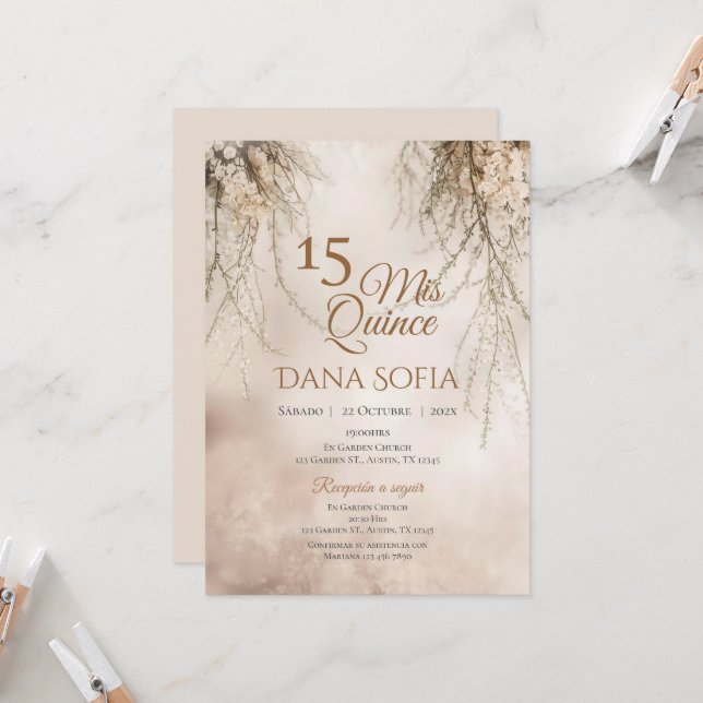 Convite de Quincenera em Espanhol Boho (Frente/Verso In Situ)