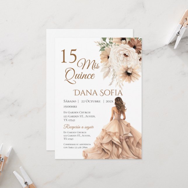 Convite de Quincenera em espanhol Boho (Frente/Verso In Situ)