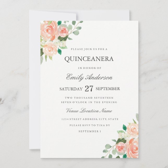 Convite de Quinze Anos com Aquarela Floral em Tons (Frente)