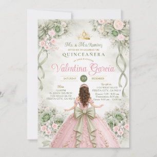 Convite de Quinze Anos com Laço Rosa e Sage