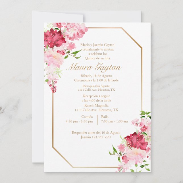 Convite de quinze anos com moldura rosa (Frente)