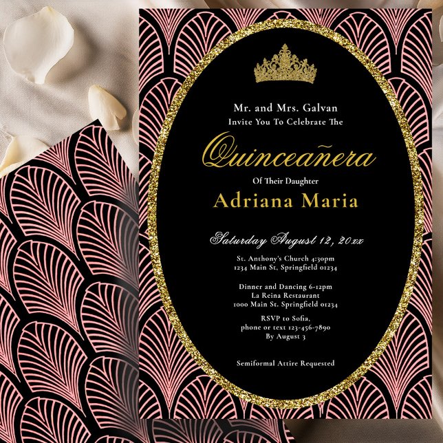 Convite de Quinze Anos Elegante Rosa Art Déco (Criador carregado)