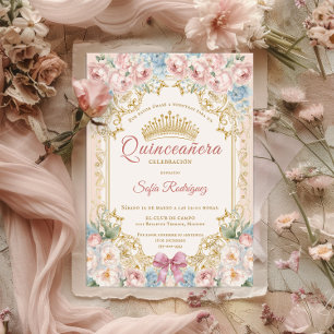 Convite de quinze anos floral com coroa elegante