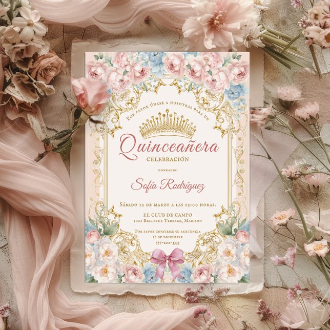 Convite de quinze anos floral com coroa elegante (Invitación quinceañera floral con corona elegante announcement)