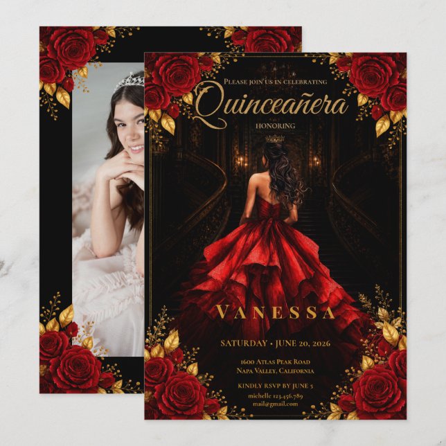 Convite de Quinze Anos Foto Vermelho e Dourado (Frente/Verso)