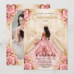 Convite de Quinze Anos Rosa e Dourado