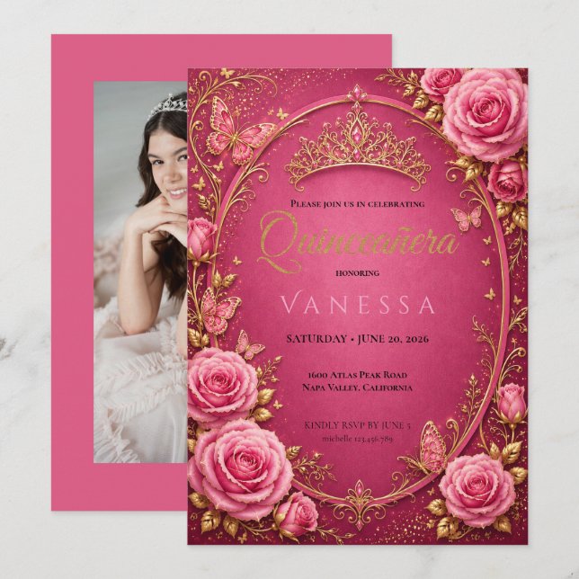 Convite de Quinze Anos Rosa e Dourado com Foto (Frente/Verso)