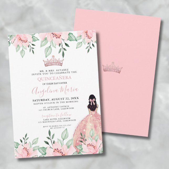Convite de Quinze Anos Rosa Floral Blush (Floral Pink Quinceanera Invitation)