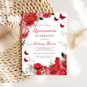 Convite de Quinze Anos Rosa Vermelha Elegante