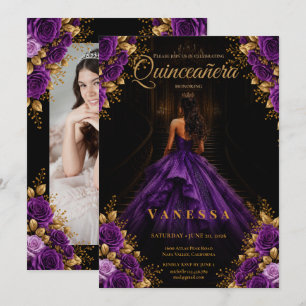Convite de Quinze Anos Roxo e Dourado com Foto