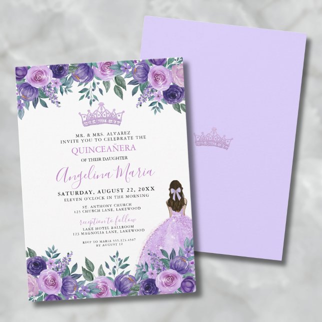 Convite de Quinze Anos Roxo Floral (Floral Purple Quinceanera Invitation)