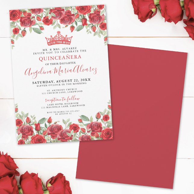 Convite de Quinze Anos Vermelho com Tiara Floral (Elegant Red Roses Floral Quinceanera Invitation)