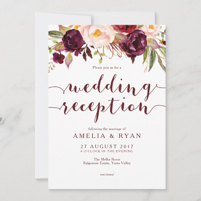 Convite de Recepção de Casamento com Floral Burgun (Frente)