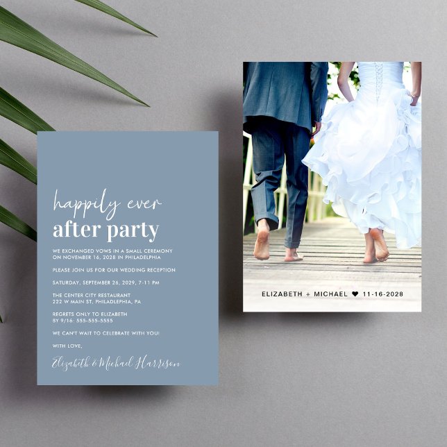 Convite de Recepção de Casamento com Foto Azul Emp (An chic Happily Ever After Party invitation for your wedding celebration)